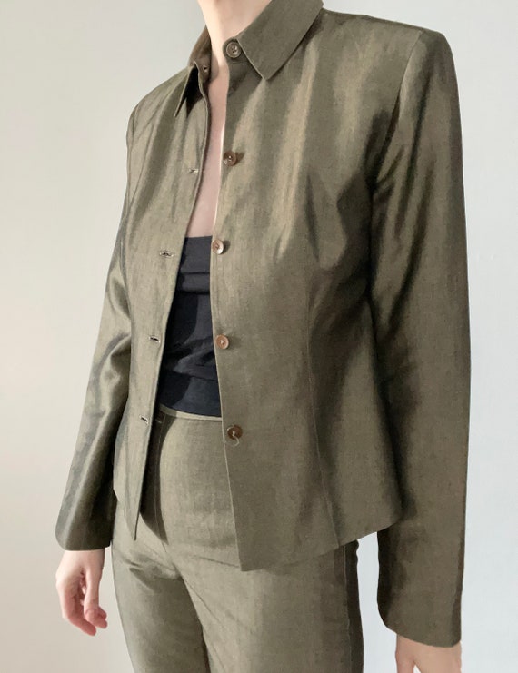 Vintage 90s pant suit | silk blend olive green hi… - image 1