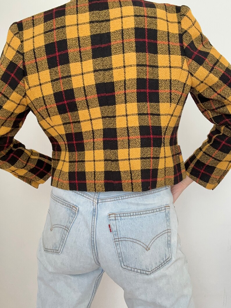 Vintage 90s Plaid Cropped Blazer | Yellow Black Red Checkered Tartan ...
