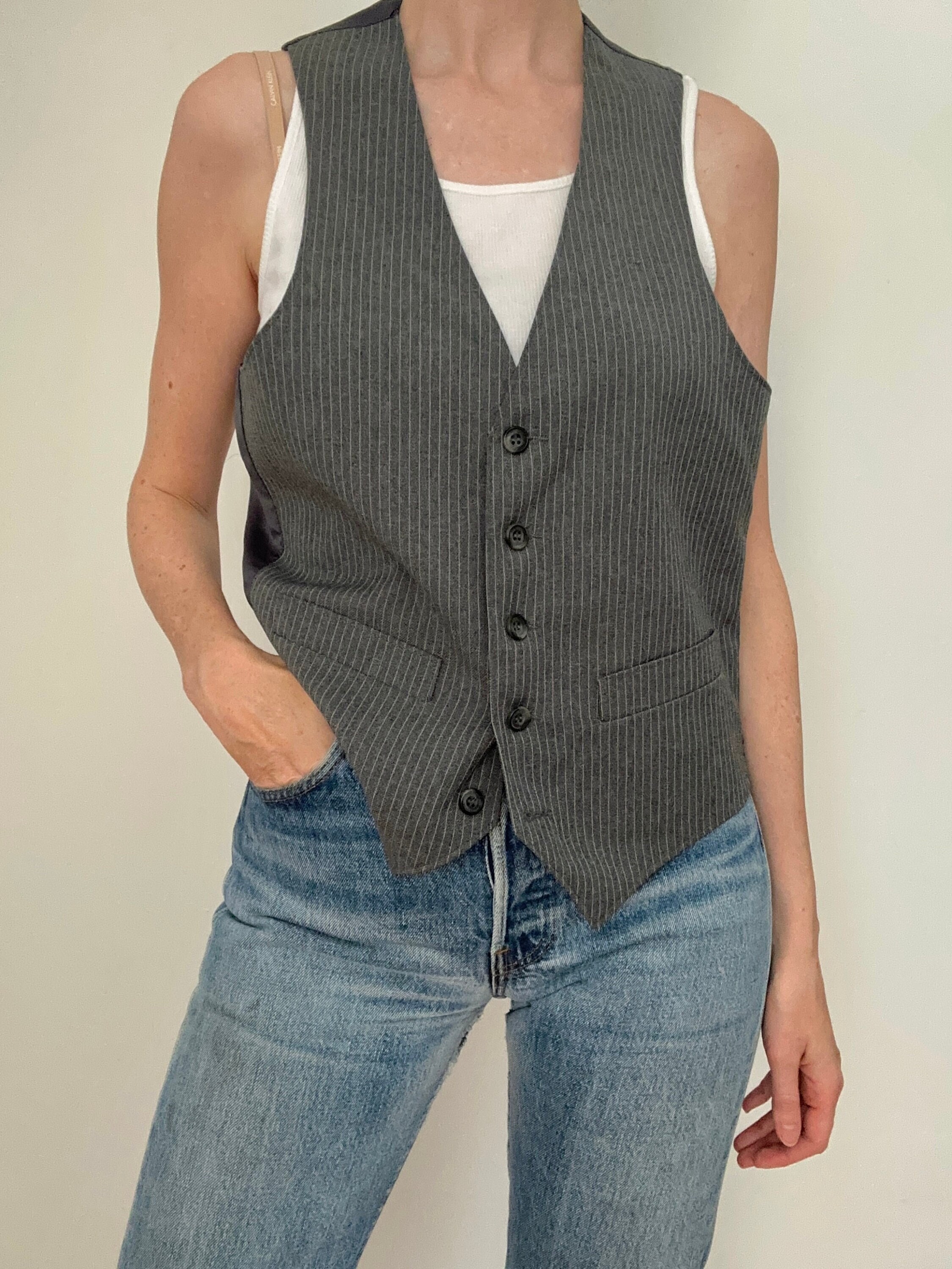 Vintage Pinstripe Vest Tailored Button Down Grey Formal Mens Suit