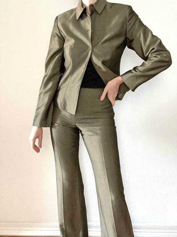 Vintage 90s pant suit | silk blend olive green hi… - image 3