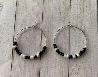 Black & White Seed Bead Hoop Earrings