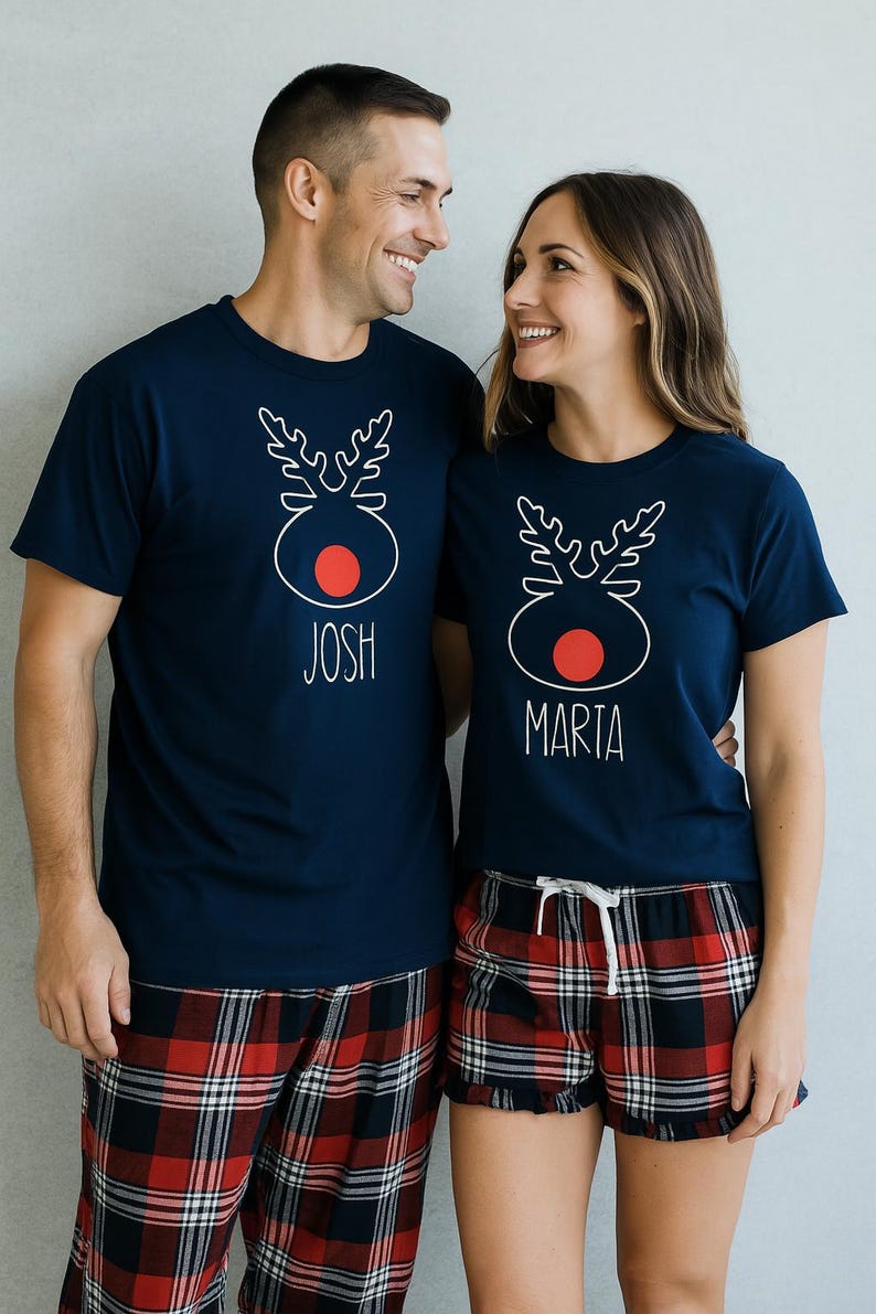 Christmas family pyjamas, matching tartan pyjamas set, personalised couples pyjamas, navy pyjamas, matching pyjamas for husband and wife image 5