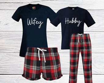 Matching Hubby Wifey PJs, Tartan Couple Pajamas, Newlywed Anniversary Gift