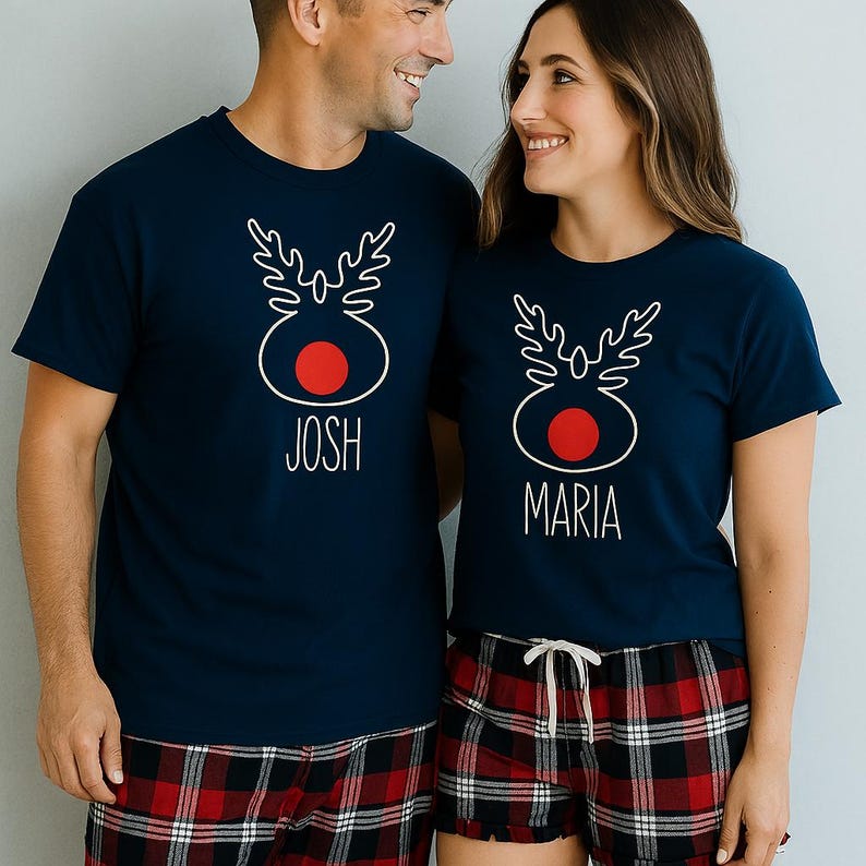 Christmas family pyjamas, matching tartan pyjamas set, personalised couples pyjamas, navy pyjamas, matching pyjamas for husband and wife image 2