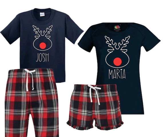 Christmas family pyjamas, matching tartan pyjamas set, personalised couples pyjamas, navy pyjamas, matching pyjamas for husband and wife
