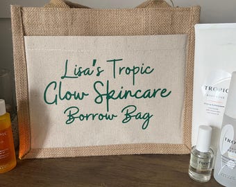 Tropic skin care,  Custom Jute Bags, Personalised Borrow bag with pocket, wax melts tote bag, tropic Skincare bag, Borrow bags, Canvas bags