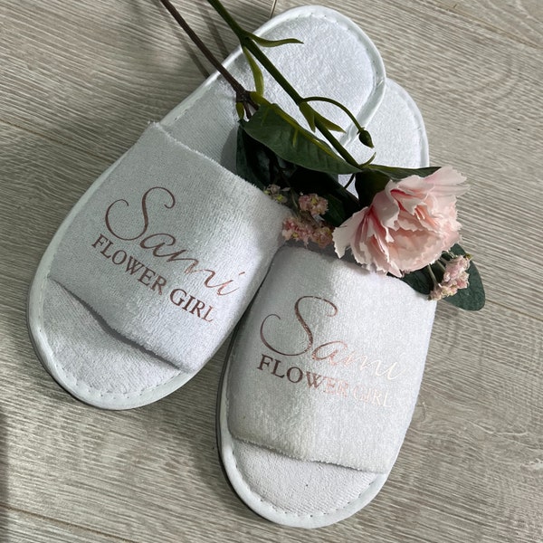 Bridesmaid slippers, personalised wedding slippers, open toe slippers, bridesmaid gifts, hen party, bridal slippers, closed toe slippers