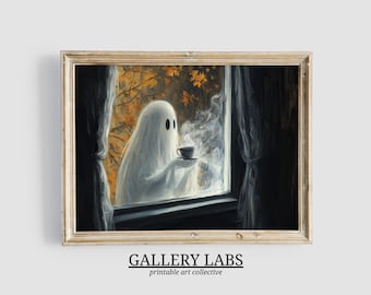 Pintura de fantasma con taza de té • Arte de Halloween espeluznante de estilo cottagecore (descarga digital)