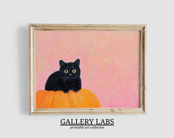 Black Cat Halloween Print • Pink Pumpkin Decor • Cat Lover Gift (Digital Download)