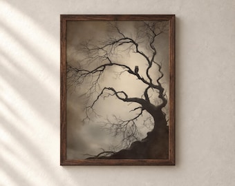 May include: A framed wall art print featuring a dark, leafless tree silhouette against a muted, cloudy beige sky. A small, dark owl is perched on one of the gnarled branches. The artwork is enclosed in a simple, dark brown wooden frame.