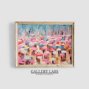 Abstract Coastal Painting PRINTABLE Wall Art Vintage Beach Print DOWNLOADABLE Girly Apartment Decor Seascape Print Pink Umbrella Painting