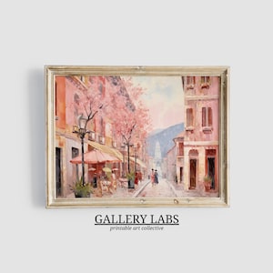 Vintage French Cityscape Painting PRINTABLE Pink Apartment Art DOWNLOADABLE Neutral Abstract Wall Art Pink Aesthetics Antique Cafe Artwork