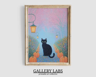 Black Cat Halloween Print • Girly Pink Pumpkin Decor (Digital Art)