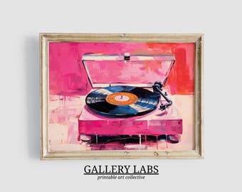 May include: An oil painting in a gold frame depicting a pink record player with a black vinyl record on the platter. The artwork features bold, expressive brushstrokes in shades of magenta, hot pink, and white, with a central orange record label.