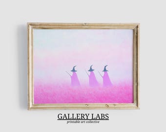 Pink Witch Art Print • Girly Halloween Decor (Digital Download, Horizontal Painting)