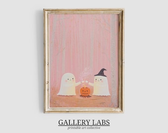 Cute Ghosts Camping Painting • Spooky Decor • Preppy Jack O Lantern Print • Pink Halloween Decor • Halloween Wall Art • Digital Download