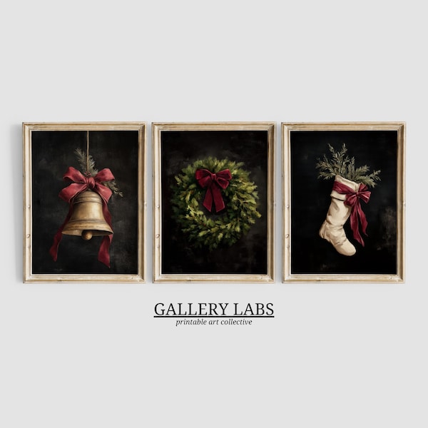 Set of 3 Dark Christmas Prints • Vintage Burgundy Seasonal Art (Digital Download)