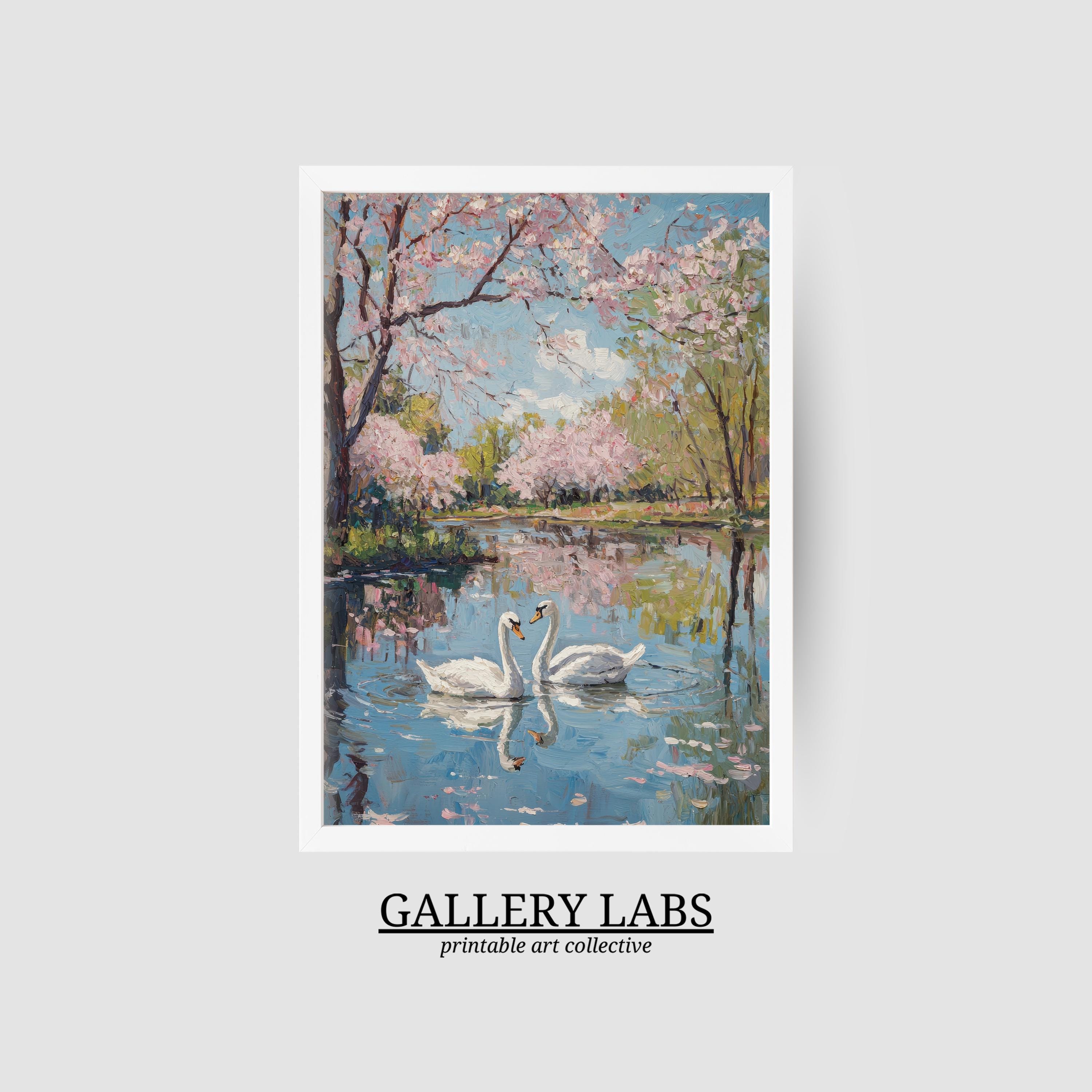 Antique Swan Lake Art Print • Vintage Pink Nursery Painting