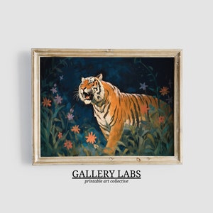 Peinture tigre, art mural maximaliste à télécharger, décoration animal Safari imprimable, impression de la jungle botanique, art mural tendance, impression tigre vintage