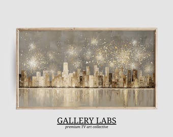 Arte para TV Samsung Frame com paisagem urbana de Ano Novo • Protetor de tela para festa de Ano Novo • Pintura de fogos de artifício dourados • Decoração neutra para apartamento • Arte para TV digital