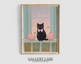 Black Cat Halloween Art • Pink Pumpkins Spooky Print (Digital Download)