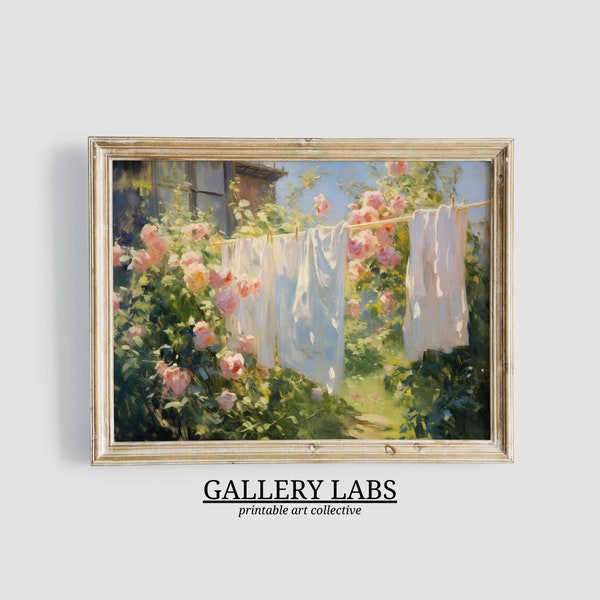 Laundry Room Painting PRINTABLE Wall Art Vintage Muted Pink Rose Garden Painting DOWNLOADABLE Farmhouse Artwork Cottage Core Decor Painting