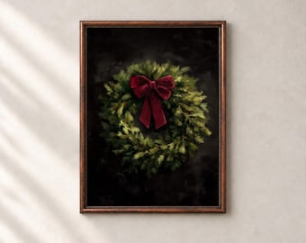 Vintage Christmas Wreath Art Print • Moody Holiday Decor (Digital Download)