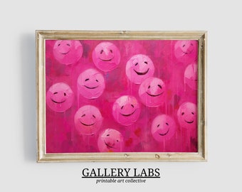 Rosa Smiley Gesicht Druck • Trendy Zimmer Dekor (Digitaldruck, Horizontal)