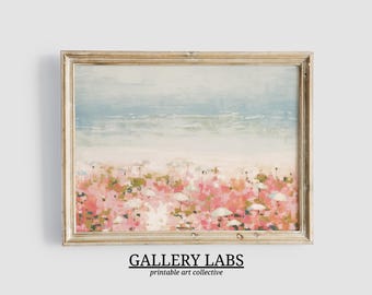 Abstract Coastal Painting PRINTABLE Wall Art Vintage Beach Print DOWNLOADABLE Girly Apartment Decor Seascape Print Pink Umbrella Painting