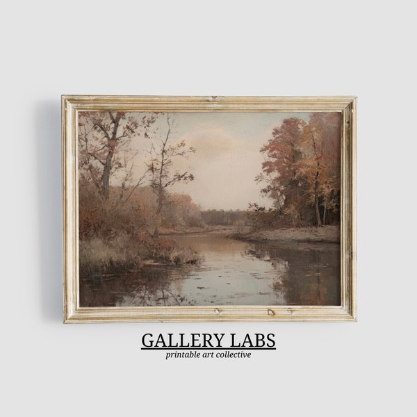 Muted Autumn Pond Landscape Painting | Moody Fall Print | Vintage Wall Art | PRINTABLE Farmhouse Decor | Neutral Digital Download