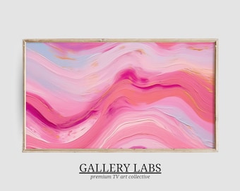 May include: A rectangular wall art piece featuring thick, textured oil paint strokes in shades of hot pink, soft blush, and pale lavender. The composition displays fluid, horizontal waves of color with visible impasto depth. Text below reads GALLERY LABS premium TV art collective.
