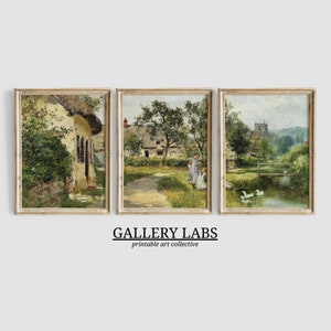 English Countryside Painting PRINTABLE Wall Art DOWNLOADABLE Print Riverside 3 Piece Wall Art Cottage Core Decor Vintage Castle Painting Art