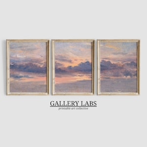 Puede incluir: Tres impresiones enmarcadas de una puesta de sol sobre una masa de agua. El cielo es una mezcla de rosa, naranja y morado con nubes blancas y esponjosas. El agua es de un azul claro con un reflejo de la puesta de sol.