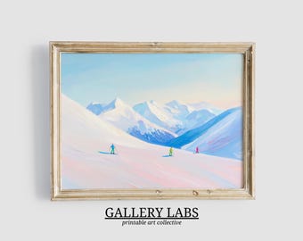 Pink Winter Skiing Mountain Art • Girly Christmas Decor (Digital Download, Horizontal Print)