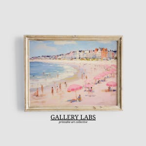 Abstract Coastal Painting PRINTABLE Wall Art Vintage Beach Print DOWNLOADABLE Girly Apartment Decor Seascape Print Pink Umbrella Painting