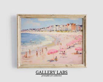 Abstract Coastal Painting PRINTABLE Wall Art Vintage Beach Print DOWNLOADABLE Girly Apartment Decor Seascape Print Pink Umbrella Painting