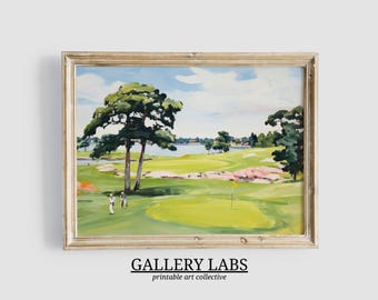 Könnte beinhalten: Ein gerahmtes Gemälde eines Golfplatzes mit zwei Golfspielern im Vordergrund. Der Platz ist grün und üppig, mit einem See im Hintergrund. Der Himmel ist blau mit weißen Wolken. Das Gemälde ist in einem hellen Holzrahmen.