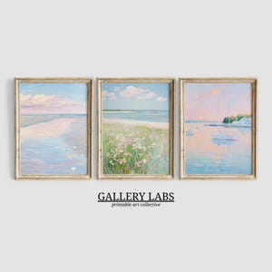 Conjunto de 3 arte de pared costero rosa • Decoración maximalista preppy • Impresión de playa de verano • Pintura del océano • Decoración de casa de playa • Arte imprimible de moda