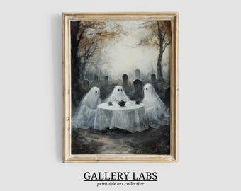 Impresión vintage de una fiesta de té con fantasmas • Arte mural espeluznante de Halloween (descarga digital)