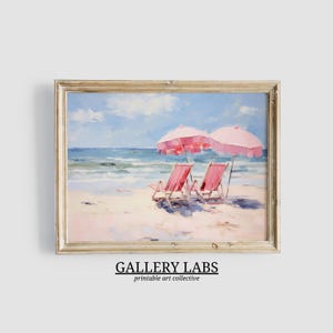 Abstract Coastal Painting PRINTABLE Wall Art Vintage Beach Print DOWNLOADABLE Girly Apartment Decor Seascape Print Pink Umbrella Painting