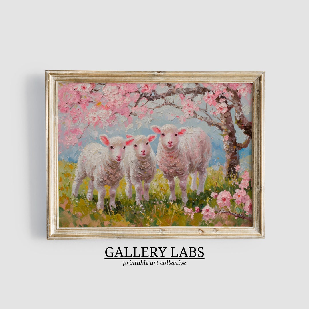 Image showcasing Pink Sheep Painting PRINTABLE Maximalist Artwork Wildflower Wall Art ...