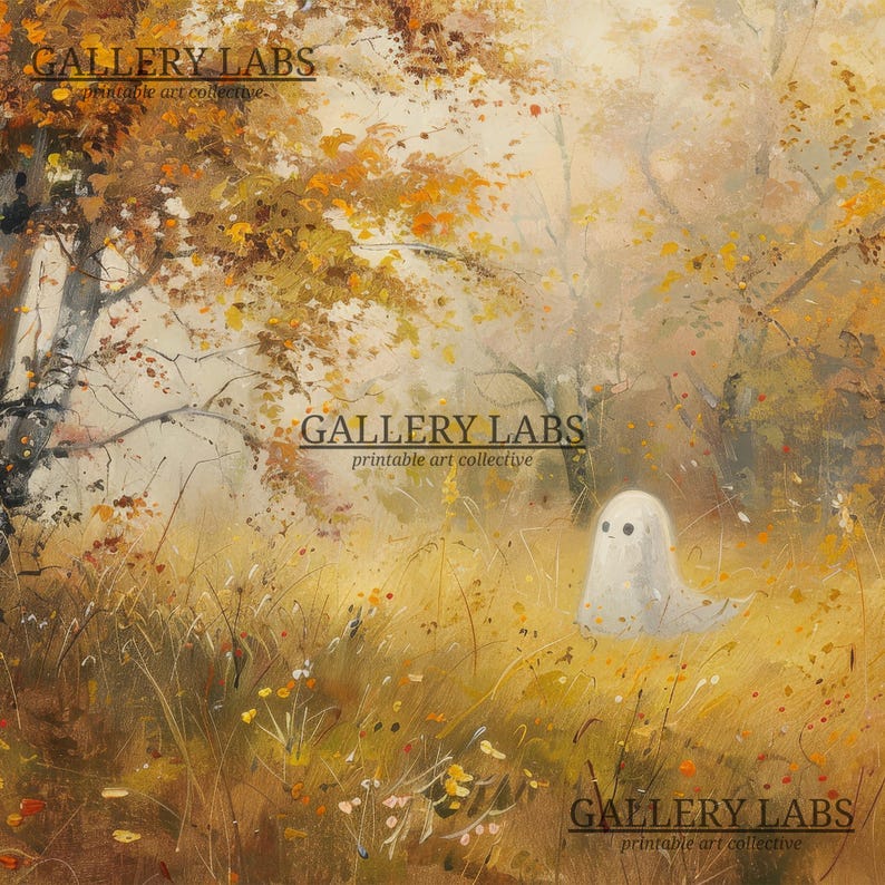 Pode incluir: Uma impress&atilde;o de arte digital apresentando um pequeno fantasma branco arredondado com dois olhos pretos em p&eacute; num campo de relva alta amarelo-dourada. O fundo mostra uma floresta de outono com &aacute;rvores em tons de laranja e castanho. O texto diz GALLERY LABS printable art collective.