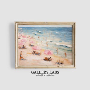 Abstract Coastal Painting PRINTABLE Wall Art Vintage Beach Print DOWNLOADABLE Girly Apartment Decor Seascape Print Pink Umbrella Painting