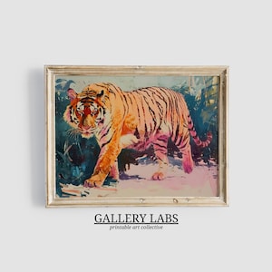May include: A framed art print featuring a tiger with orange and black stripes walking through a dark green and blue foliage background. The tiger is depicted in a painterly style with visible brushstrokes. The text GALLERY LABS appears below.