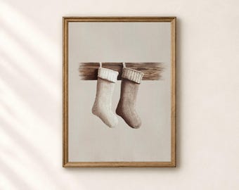 Estampado de calcetines navideños en tonos neutros • Arte minimalista para pared durante las fiestas (Descarga digital)