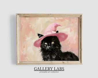 Pink Halloween Witch Cat Art Print • Spooky Wall Decor (Digital Download, Horizontal)