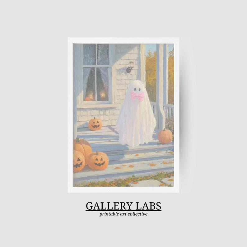 May include: A vertical art print featuring a painting of a white ghost wearing a pink bow standing on a porch with orange jack-o'-lanterns. The scene includes a house exterior with a window and autumn leaves. The text GALLERY LABS is at the bottom.