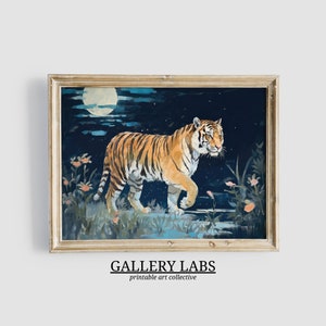 Tiger Painting DOWNLOADABLE Maximalist Wall Art PRINTABLE Safari Animal Decor Botanical Jungle Print Trendy Wall Art Vintage Tiger Print