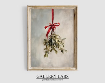 Pintura al óleo navideña de muérdago • Decoración rústica navideña (descarga digital)