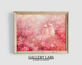 Impressão artística de fantasmas fofos • Decoração rosa de Halloween (Pintura digital, horizontal)